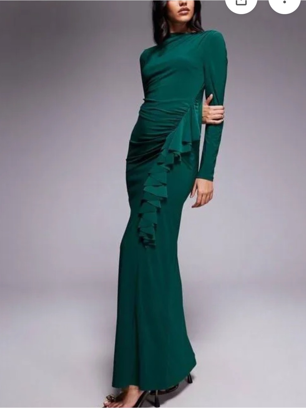 Elegant Teal Green Ruffled Long-Sleeve Evening Dress